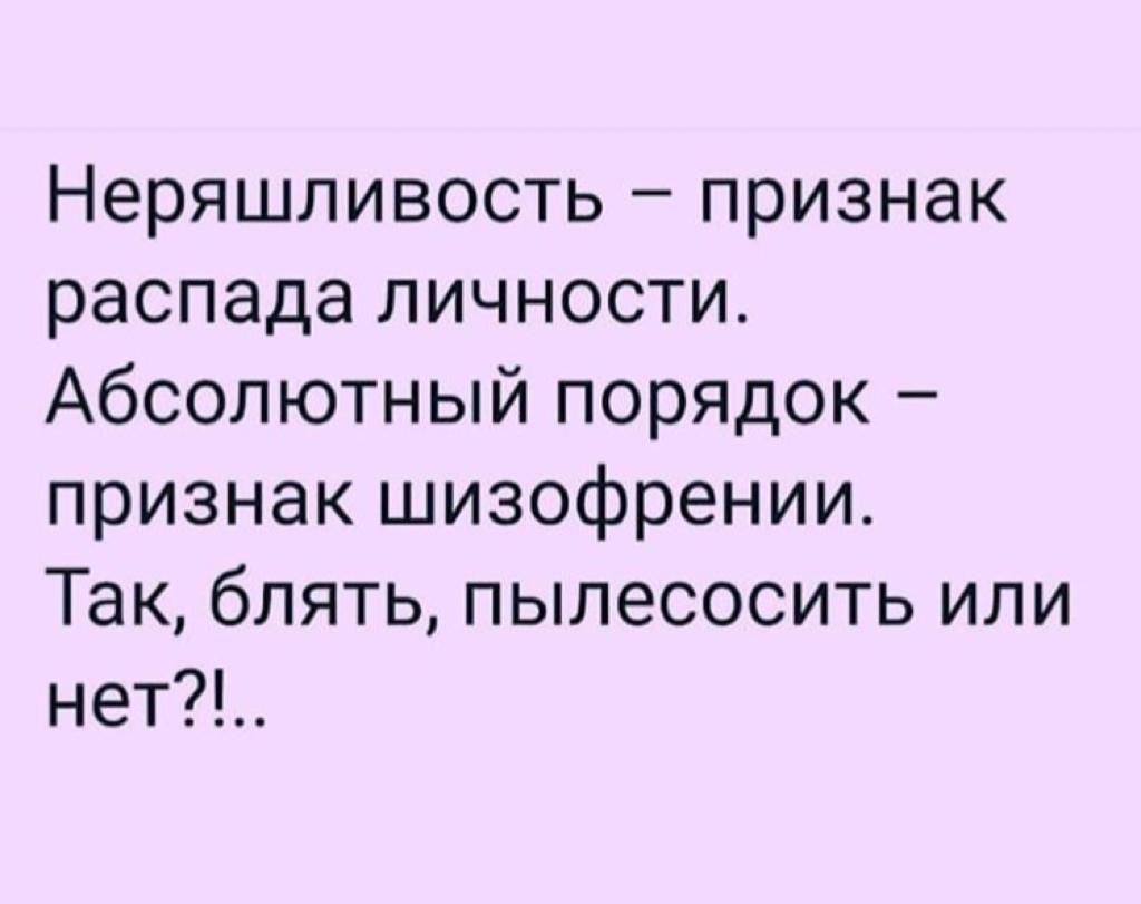 Неряшливость признак распада личности Абсолютный порядок признак шизофрении Так блять пылесосить или нет