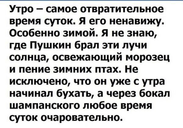 Утро самое отвратительное время суток Я его ненавижу Особенно зимой Я не знаю где Пушкин брал эти лучи солнца освежающий морозец и пение зимних птах Не исключено что он уже с утра начинал бухать а через бокал шампанского любое время суток очаровательно