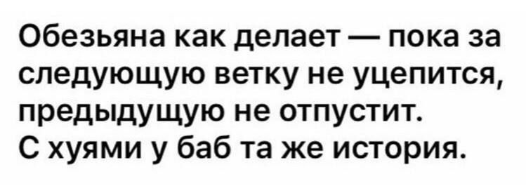 Обезьяна как делает пока за следующую ветку не уцепится предыдущую не отпустит С хуями у баб та же история
