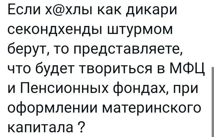 Если ххпы как дикари секондхенды штурмом берут то представляете что будет твориться в МФЦ и Пенсионных фондах при оформлении материнского капитала