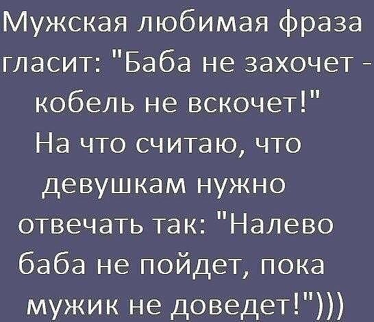 Мужская любимая фраза гласит Баба не захочет _ кобель не вскочет На что считаю что девушкам нужно отвечать так Налево баба не пойдет пока мужик не доведет