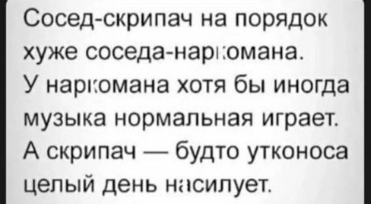 Соседскрипач на порядок хуже соседанаркомана У наркомана хотя бы иногда музыка нормальная играет А скрипач будто утконоса целый день насилует