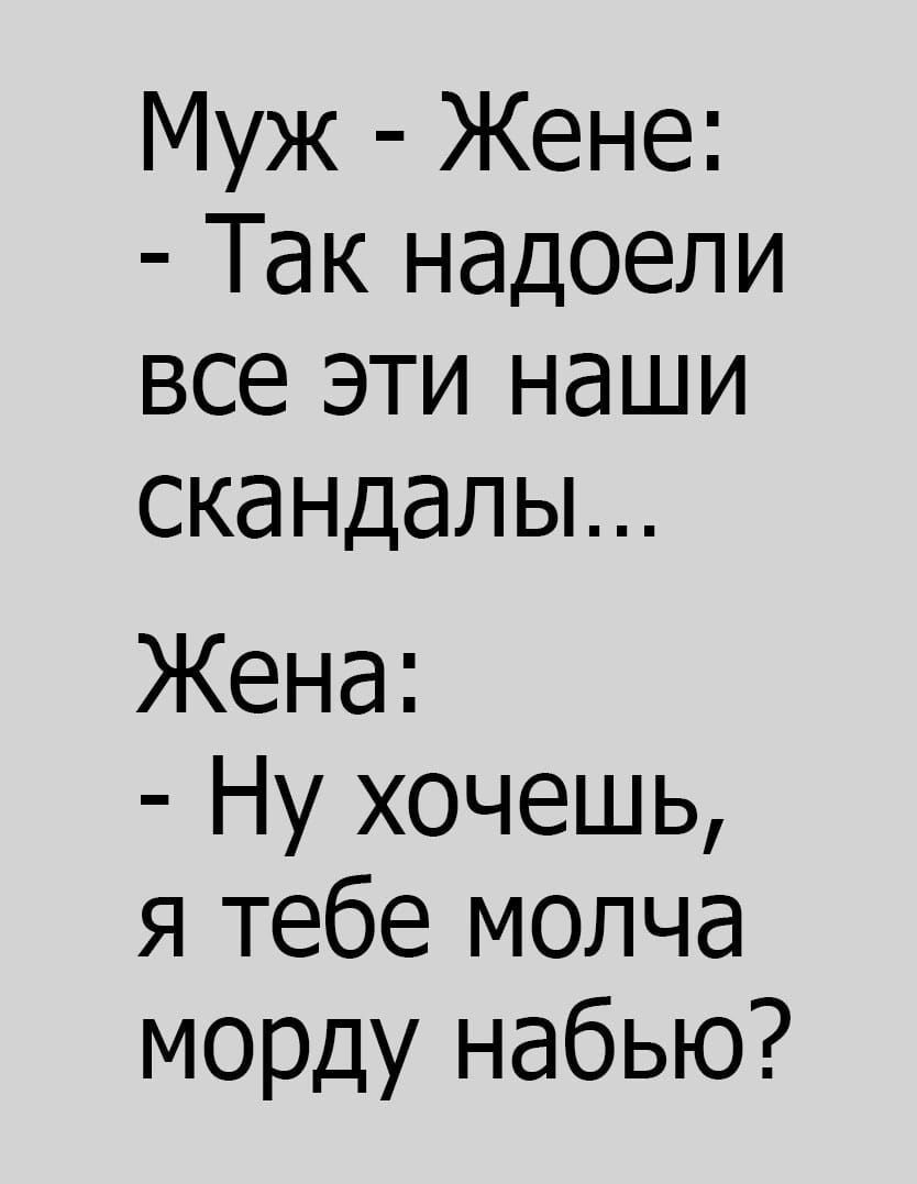 Муж Жене Так надоели все эти наши скандалы Жена Ну хочешь я тебе молча морду набью