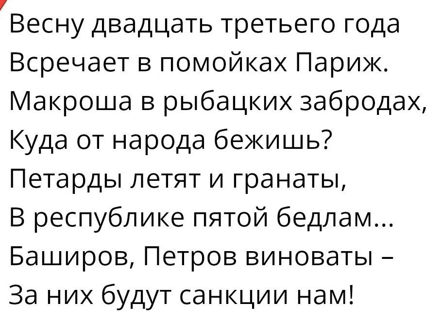 Весну двадцать третьего года Всречает в помойках Париж Макроша в рыбацких забродах Куда от народа бежишь Петарды летят и гранаты В республике пятой бедлам Баширов Петров виноваты За них будут санкции нам