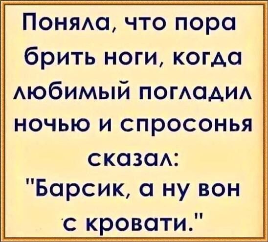 Понядо что пора брить ноги когда Аюбимый погАаАИА НОЧЬЮ И СПРОСОНЬЯ сказсм Барсик ну вон с кровати