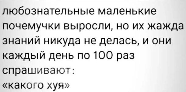 любознательные маленькие почемучки выросли но их жажда знаний никуда не делась и они каждый день по 100 раз спрашивают КаКОГО хуя