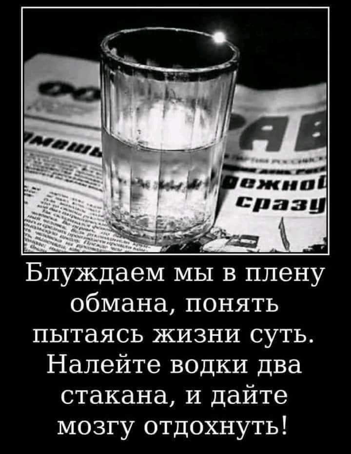 Блуждаем мы в плену обмана понять пытаясь жизни суть Налейте водки два стакана и дайте мозгу отдохнуть