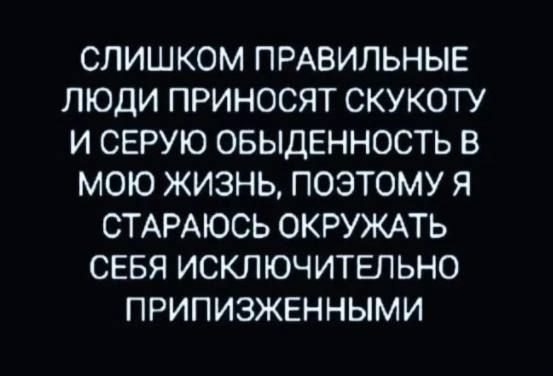 СЛИШКОМ ПРАВИЛЬНЫЕ ЛЮДИ ПРИНОСЯТ СКУКОТУ И СЕРУЮ ОБЫДЕННОСТЬ В МОЮ ЖИЗНЬ ПОЭТОМУ Я СТАРАЮСЬ ОКРУЖАТЬ СЕБЯ ИСКЛЮЧИТЕЛЬНО ПРИПИЗЖЕННЫМИ