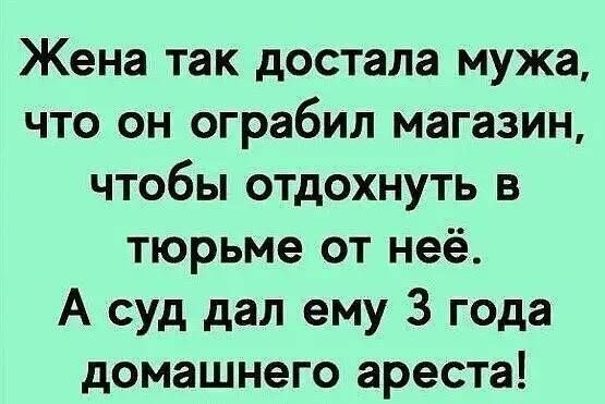 Жена так достала мужа что он ограбил магазин чтобы отдохнуть в тюрьме от неё А суд дал ему 3 года домашнего ареста