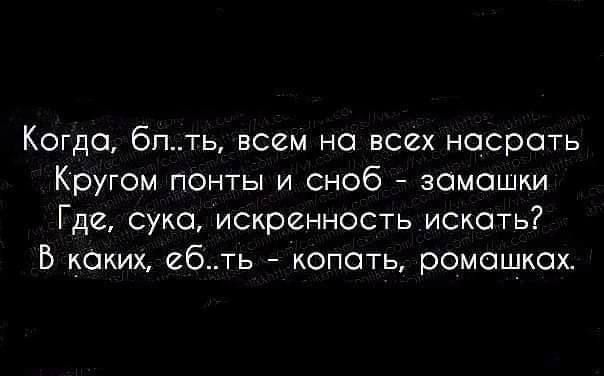 Когда 6пть всем но всех насрать Кругом понты и сноб замашки Где суко искренность искать В каких ебть копоть ромошкох