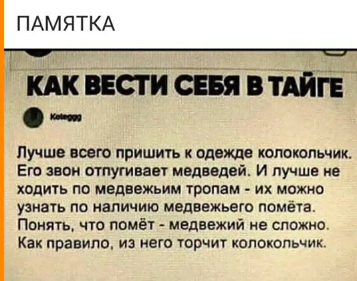 ПАМЯТКА Лучше всего пришил одежде колокольчик Его звон отпугивавт медведей И лучше не ходить по медвежьим тропам их можно узнать по наличию медвежьего помёта Понять что помёт медвежий не сложно Как правило из него торчит колокольчик
