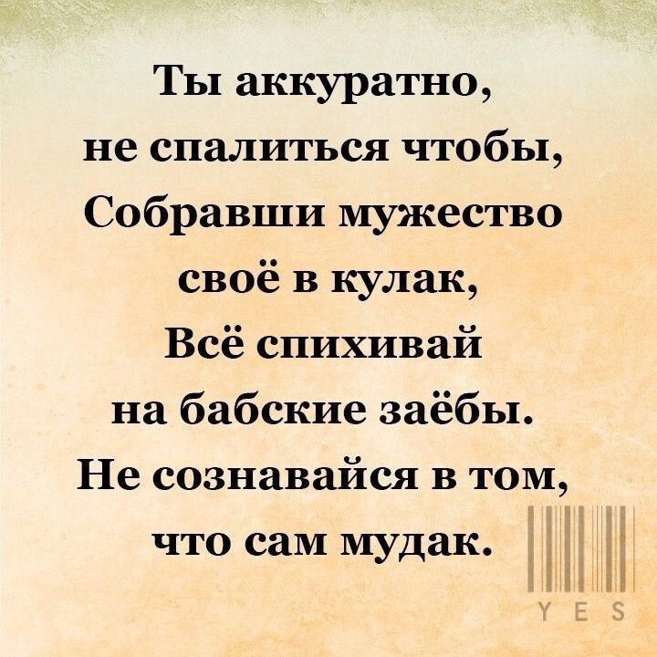 Ты аккуратно не спалиться чтобы Собравши мужество своё в кулак Всё спихивай на бабские заёбы Не сознавайся в том что сам мудак П і ь