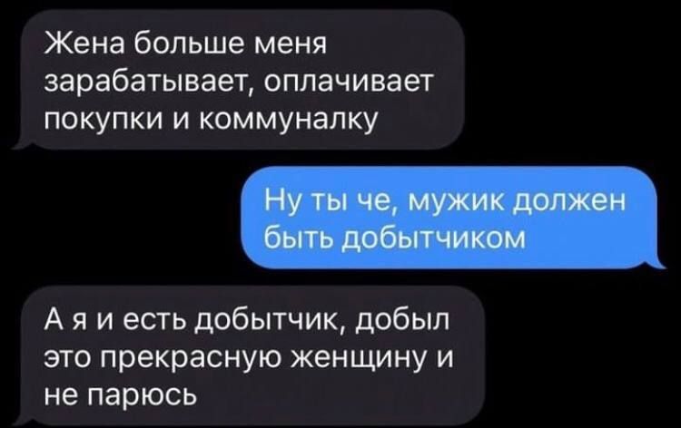 Жена больше меня зарабатывает оплачивает покупки и коммуналку А я и есть добытчик добыл зто прекрасную женщину и не парюсь