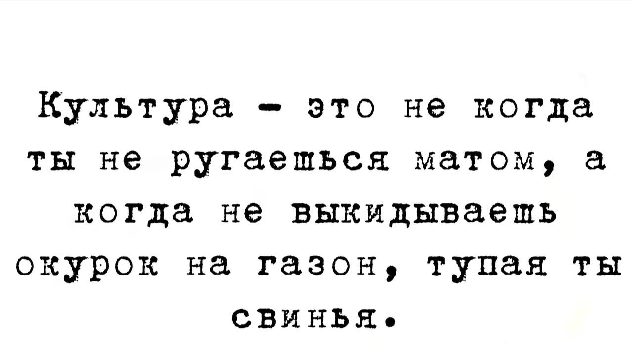 Культура это не когда ты не ругаешься матом а когда не выкидываешь окурок на газон тупая ты свинья