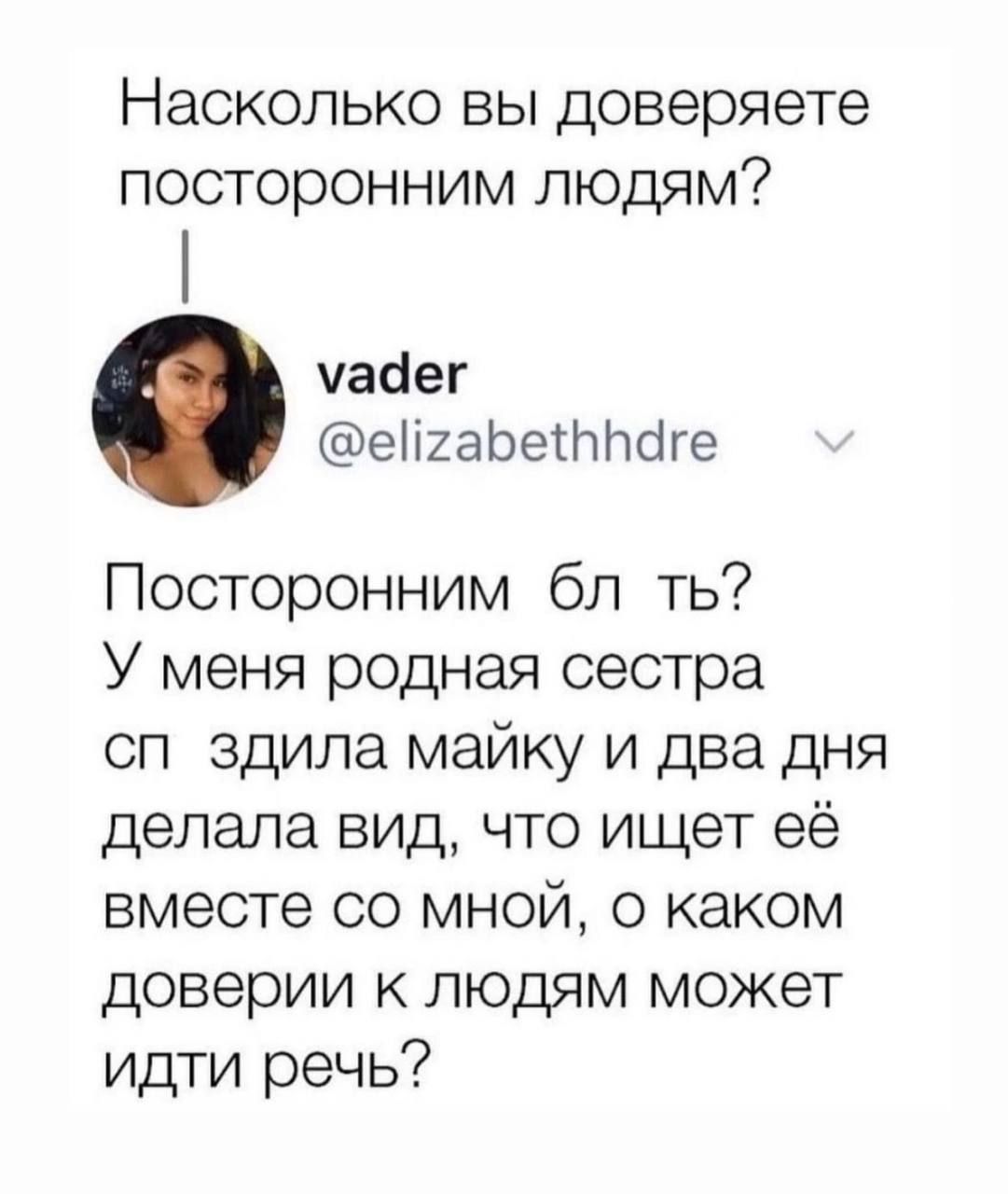 Насколько вы доверяете посторонним людям чааег еНхаЬетЫтсіге Посторонним бп ть У меня родная сестра сп здила майку и два дня делала вид что ищет её вместе со мной о каком доверии к людям может идти речь