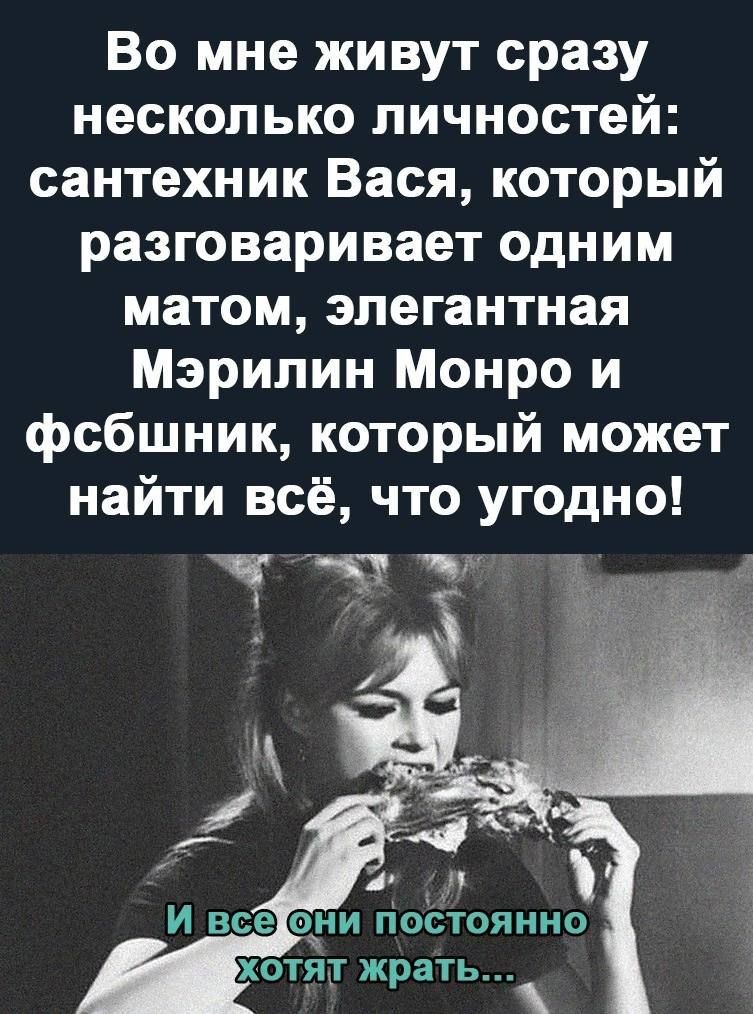 Во мне живут сразу несколько личностей сантехник Вася который разговаривает одним матом элегантная Мэрилин Монро и фсбшник который может найти всё что угодно