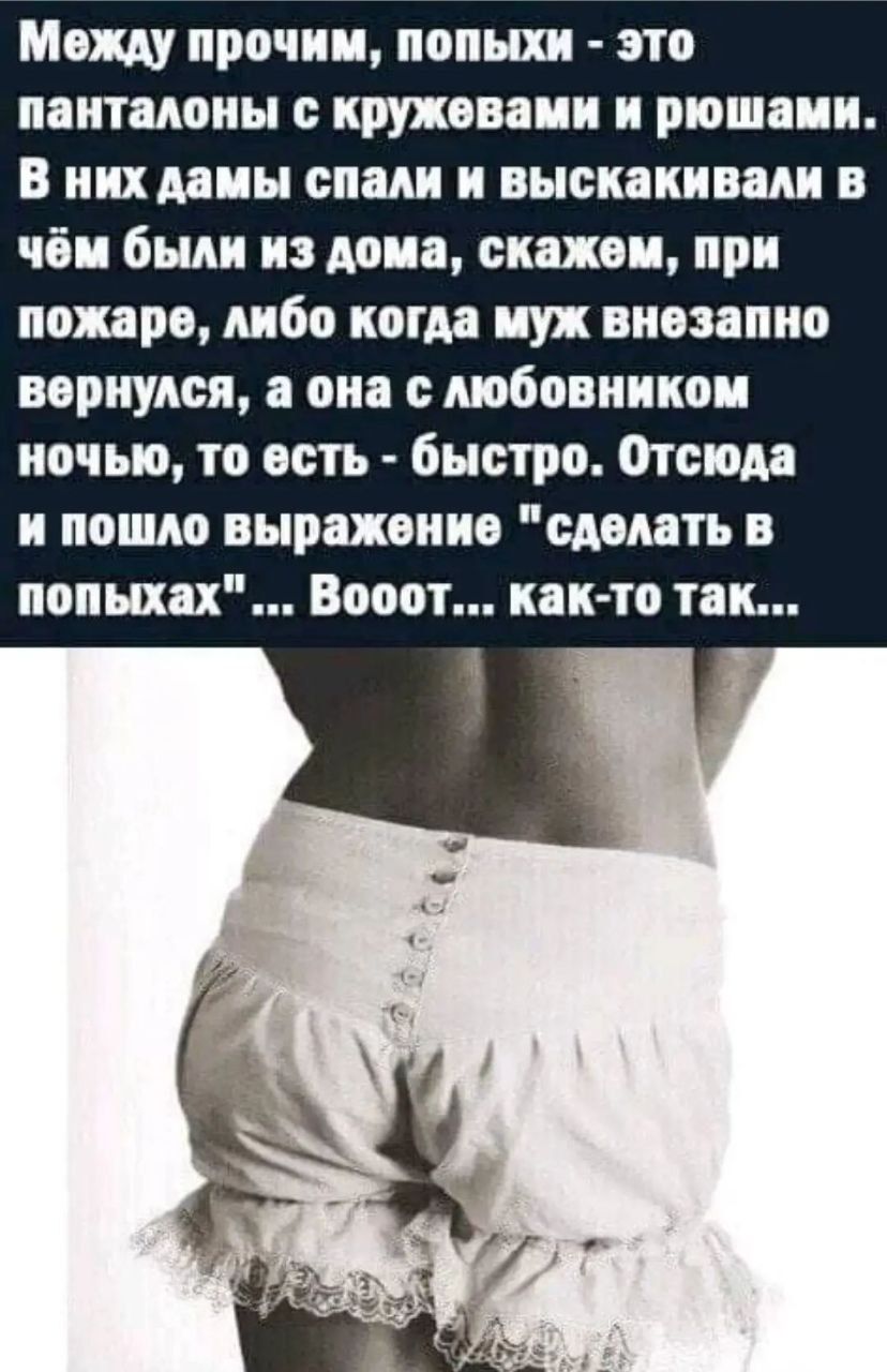 Мош прочин попыхи это панталоны кружевами и рюшаии В нихдаиы спали и выскакивали в чби были из дона окиси при пожара либо когда нул внезапно вернулся а она любовников ночью то есть быстро Отсюда и пошло выраженно сделать в попыхах Вооот как то так