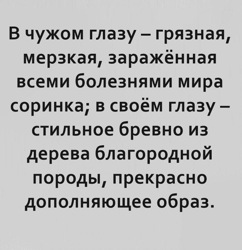 В чужом глазу грязная мерзкая заражённая всеми болезнями мира соринка в своём глазу стильное бревно из дерева благородной породы прекрасно дополняющее образ