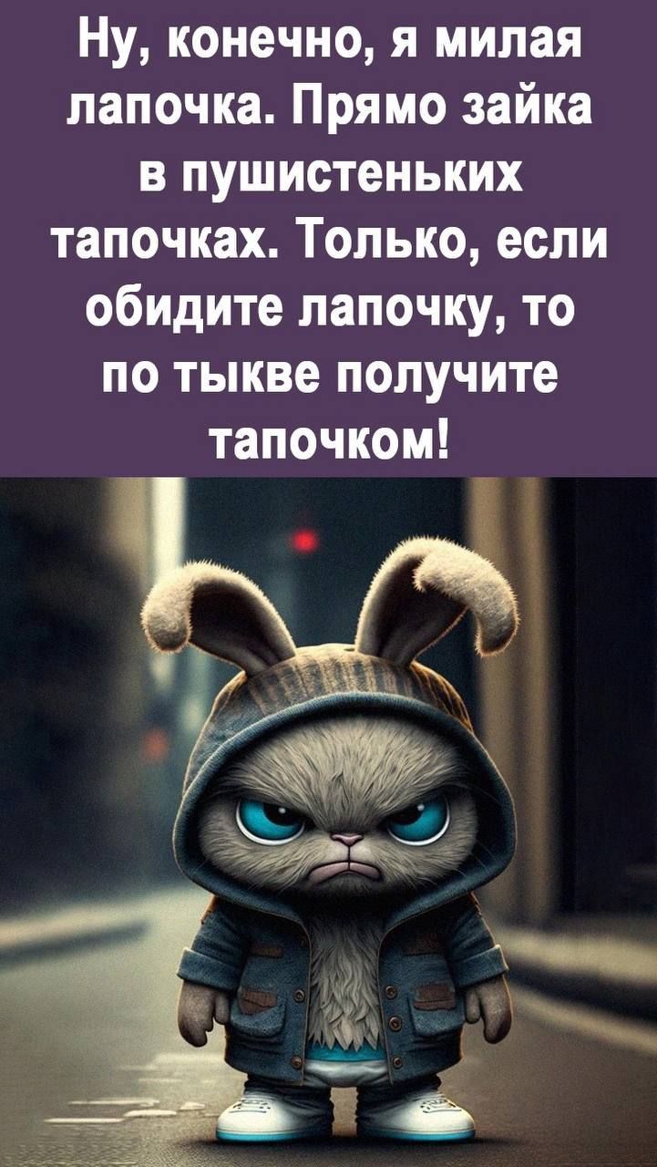 Ну конечно я милая лапочка Прямо зайка в пушистеньких тапочках Только если обидите папочку то по тыкве получите тапочком