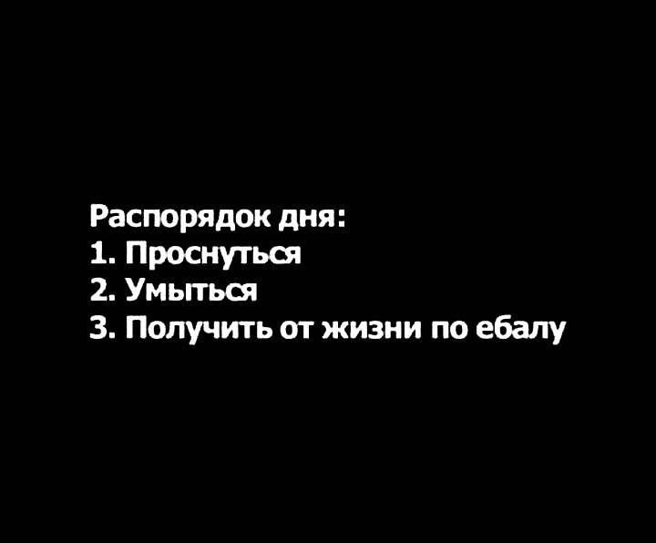 РаспоряАок дня 1 Проснутьш 2 Умыгьш 3 Получить от жизни пп ебапу