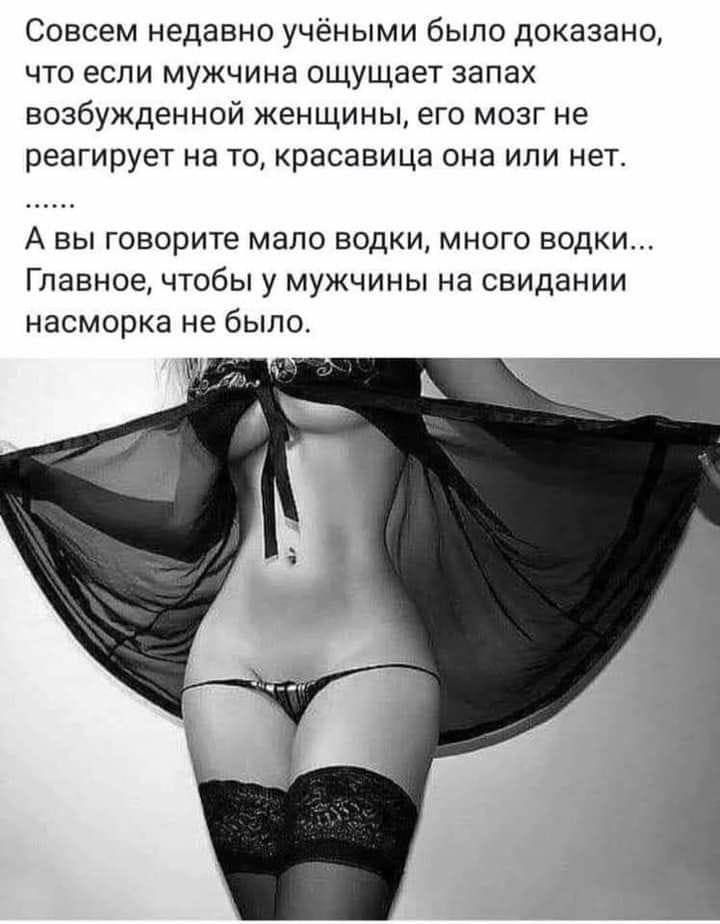 Савсем недавно учёными было доказано что если мужчина ощущает запах возбужденной женщины его мозг не реагирует на то красавица она или нет А вы Говорите мало водки много водки Главноечтобы у мужчины на свидании насморка не бытъ