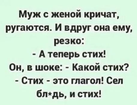Муж с женой кричат ругаются и вдруг она ему резко А теперь стих Он в шоке Какой стих Стих это глагол Сел блдь и стих