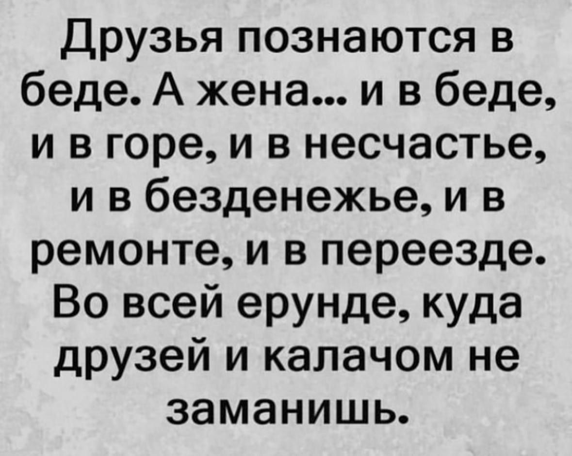 Друзья познаются в беде А жена и в беде и в горе и в несчастье и в безденежье и в ремонте и в переезде Во всей ерунде куда друзей и калачом не заманишь