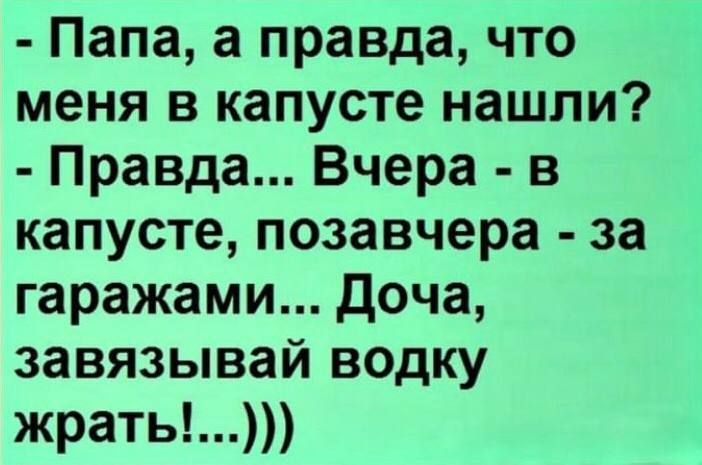 Папа а правда что меня в капусте нашли Правда Вчера в капусте позавчера за гаражами доча завязывай водку жрать