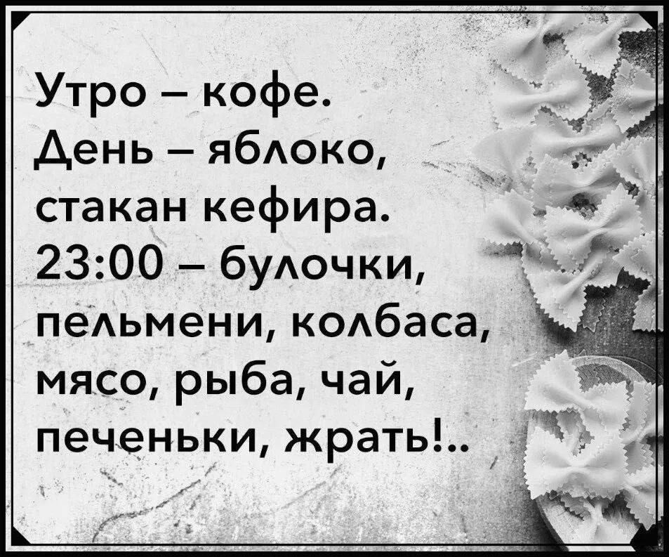 Утро кофе День ябдоко стакан кефира 2300 будочки пеАьмени кодбаса мясо рыба чай печеньки жрать