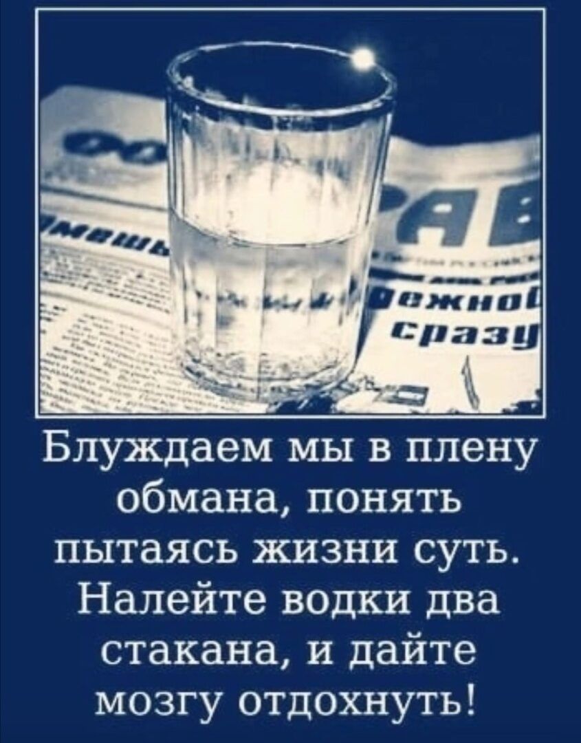 Блуждаем мы в плену обмана понять пытаясь жизни суть Налейте водки два стакана и дайте мозгу отдохнуть