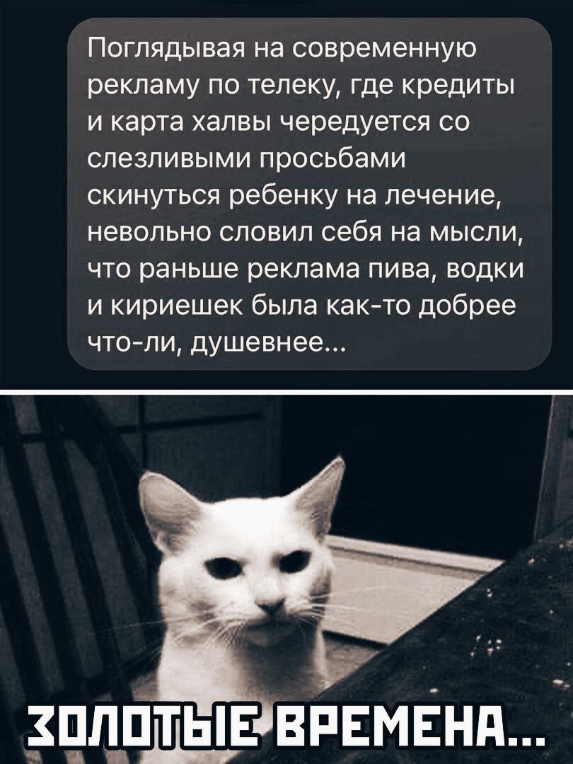 Погпядывая на современную рекламу по телеку где кредиты и карта халвы чередуется со слезливыми просьбами скинуться ребенку на лечение невольно словил себя на мысли что раньше реклама пива водки и кириешек была как то добрее что пи душевнее дпдщъ ВРЕМЕНА