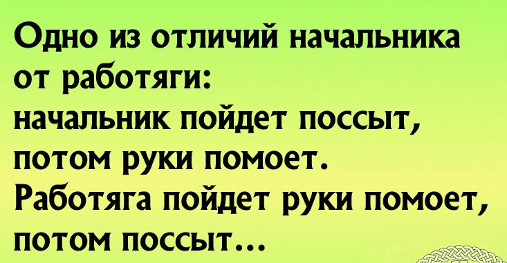 Одно из отличий начальника от работяги начальник пойдет поссыт потом руки помоет Работяга пойдет руки помоет потом поссыт