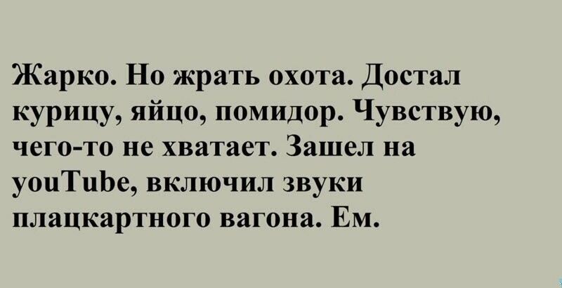 Жарко Но жрать охота Достал курицу яйцо помидор Чувствую чегото не хватает Зашел на уоцТцЬе включил звуки ПЛЯЦКарТНОГО вагона ЕМ