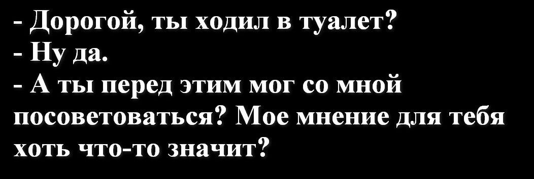 Дорогой ты ходил в туалет Ну да А ты перед этим мог со мной посоветоваться Мое мнение для тебя хоть что то значит