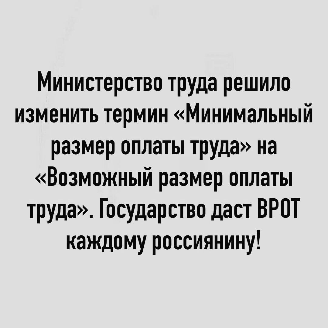 Министерство труда решило изменить термин Минимальный размер оплаты труда на Возможный размер оплаты труда Государство даст ВРОТ каждому россиянину