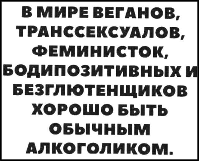 В МИРЕ ВЕГАНОВ ТРАНССЕКСУАЛОВ ФЕМИНИСТОК БОдИПОЗИТИВНЫХ БЕЗППОТЕНЩИКОВ ХОРОШО БЫТЬ ОБЫЧНЫМ АЛКОГОЛИКОМ