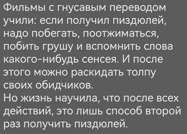 Фильмы с гнусавым переводом учили если получил пиздюлей надо побегать поотжиматься побить грушу и вспомнить слова какого нибудь сенсея И после этого можно раскидать толпу своих обидчиков Но жизнь научила что после всех действий это лишь способ второй раз получить пиздюлей