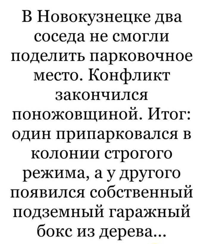 В Новокузнецке два соседа не смогли поделить парковочное место Конфликт закончился поножовщиной Итог один припарковался в колонии строгого режима а у другого появился собственный подземный гаражный бокс из дерева