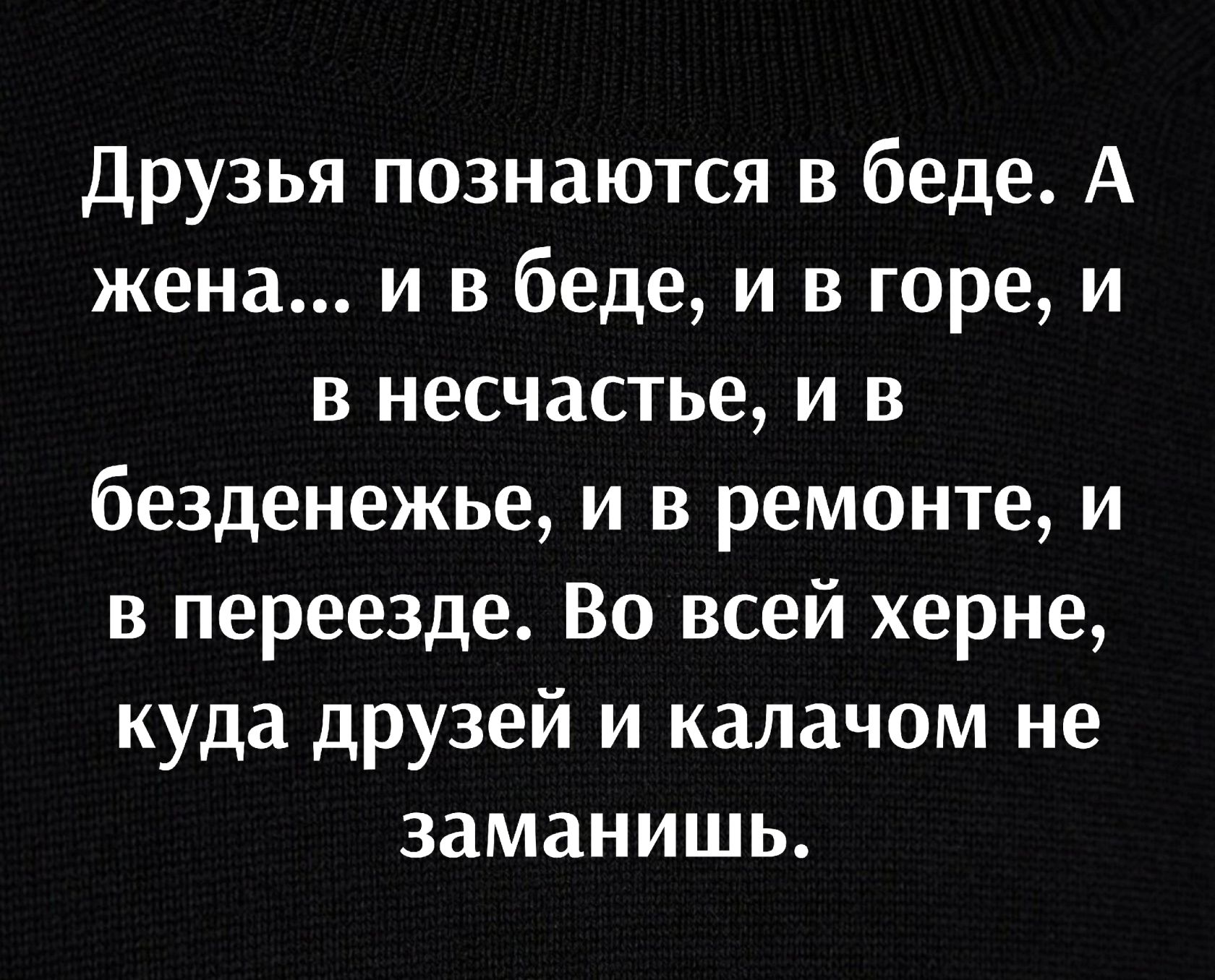 друзья познаются в беде А жена и в беде и в горе и в несчастье и в безденежье и в ремонте и в переезде Во всей херне куда друзей и калачом не заманишь