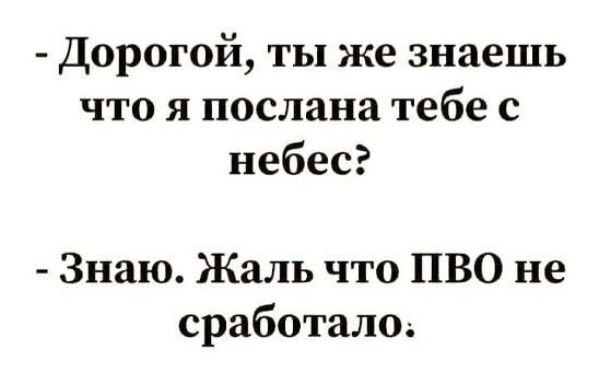 Дорогой ты же знаешь что я послана тебе с небес Знаю Жаль что ПВО не сработалод