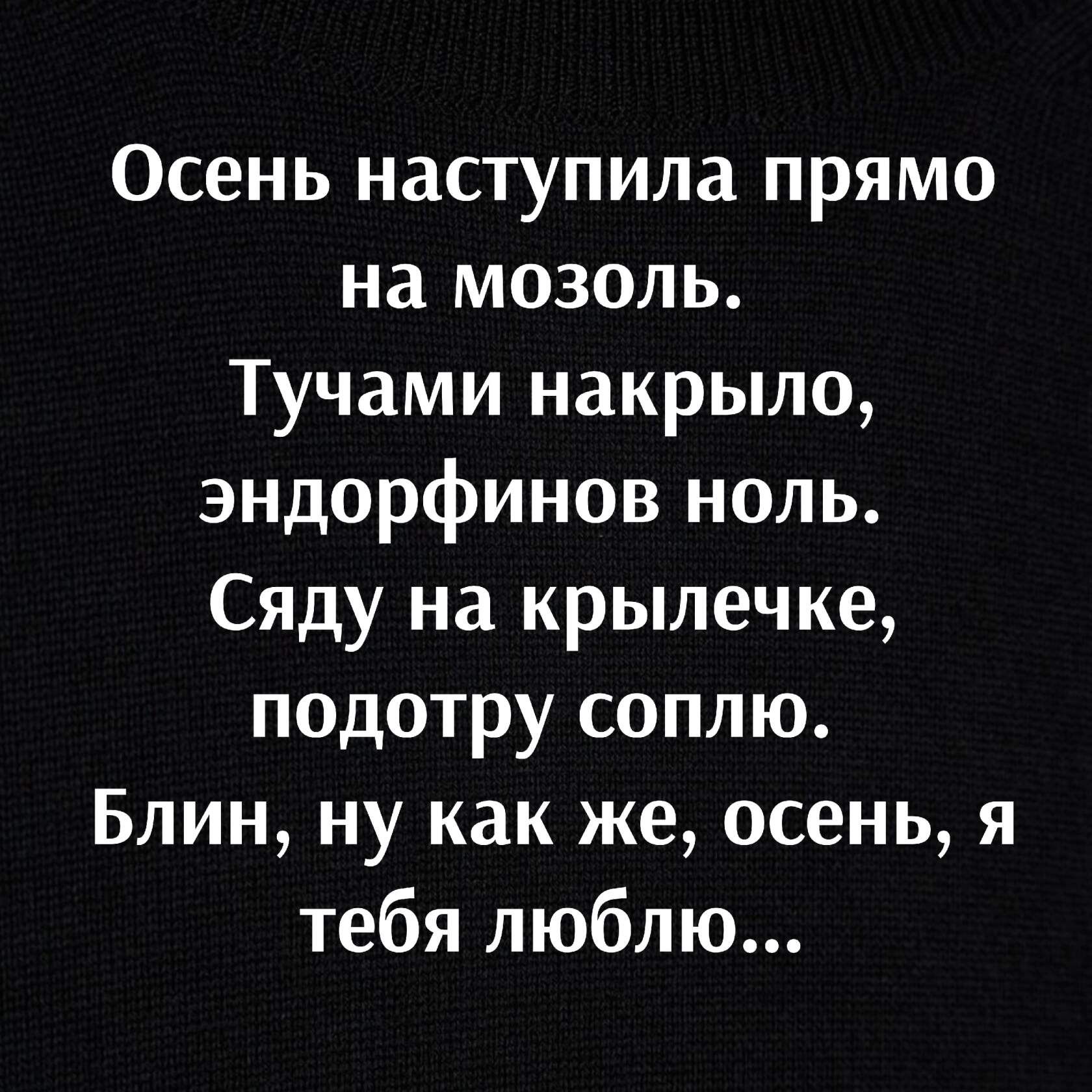 Осень наступила прямо на мозоль Тучами накрыло эндорфинов ноль Сяду на крылечке подотру соплю Блин ну как же осень я тебя люблю