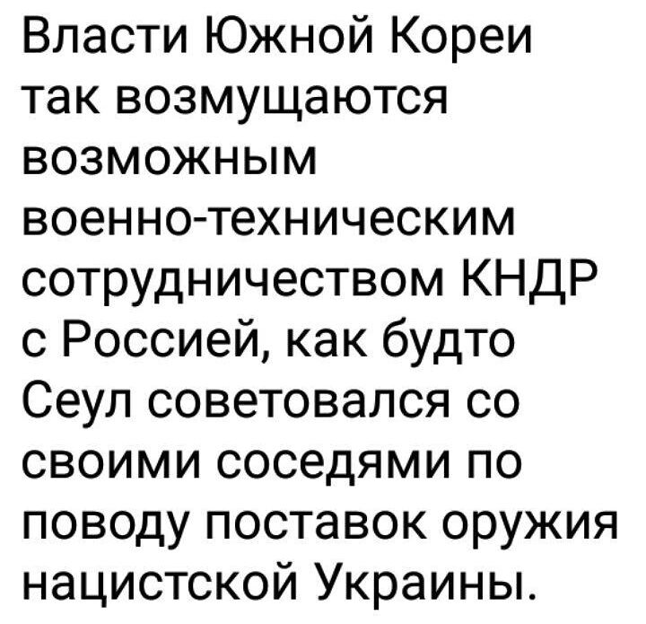 Власти Южной Кореи так возмущаются возможным военно техническим сотрудничеством КНДР с Россией как будто Сеул советовался со своими соседями по поводу поставок оружия нацистской Украины