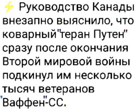 Руководство Канады внезапно выяснило что коварныйтеран Путет Г сразу после окончания Второй мировой войны подкинул им несколько тысяч ветеранов Ваффенп СС