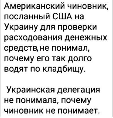 Американский чиновник посланный США на Украину для проверки расходования денежных средств не понимал почему его так долго водят по кладбищу Украинская делегация не понимала почему чиновник не понимает