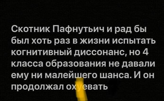 Скотник Пафнутьич и рад бы был хоть раз в жизни испытать когнитивный диссонанс но 4 класса образования не давали ему ни мапей го шанса И он продолжал сЁвать