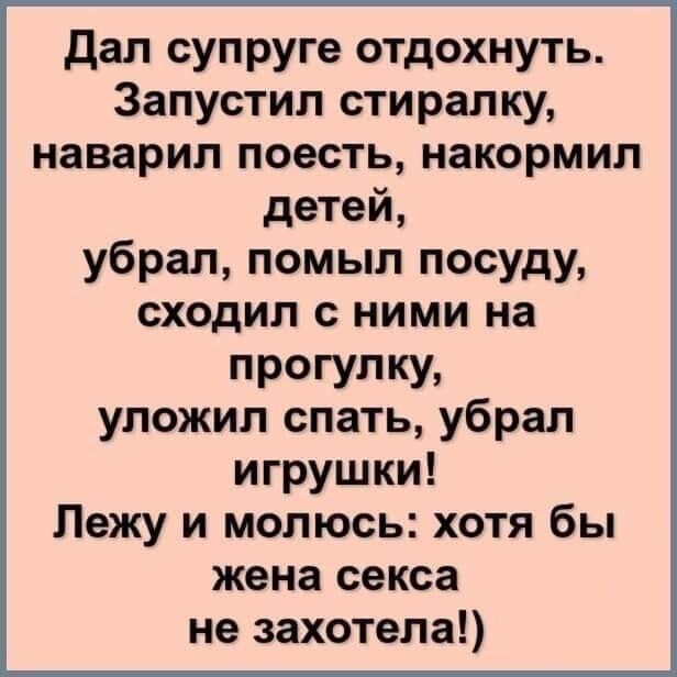 дал супруге отдохнуть Запустил стиралку наварил поесть накормил детей убрал помыл посуду сходил с ними на ПРОГУПКУ уложил спать убрал игрушки Лежу и молюсь хотя бы жена секса не захотела