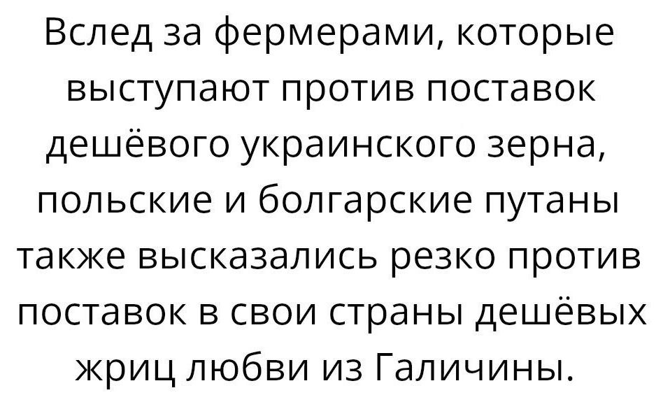 Вслед за фермерами которые выступают против поставок дешёвого украинского зерна польские и болгарские путаны также ВЫСКЭЗЭЛИСЬ резко ПРОТИВ поставок в свои страны дешёвых криц любви из Галичины