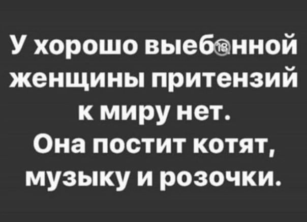 У хорошо выебнной женщины притензий К миру нет Она постит котят музыку и розочки