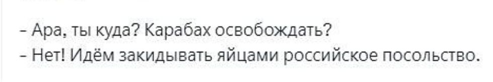 Ара ты куда Карабах освобождать нет Идём закидывать яйцами российское посольпво
