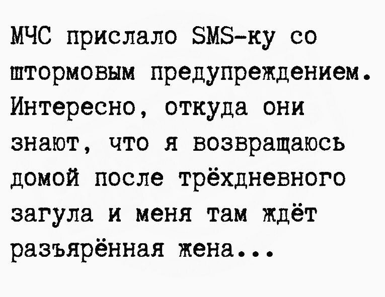 МЧС прислало БМЗку со штормовым предупреждением Интересно откуда они знают что я возвращаюсь домой после трёхдневного загула и меня там ждёт разъярённан жена